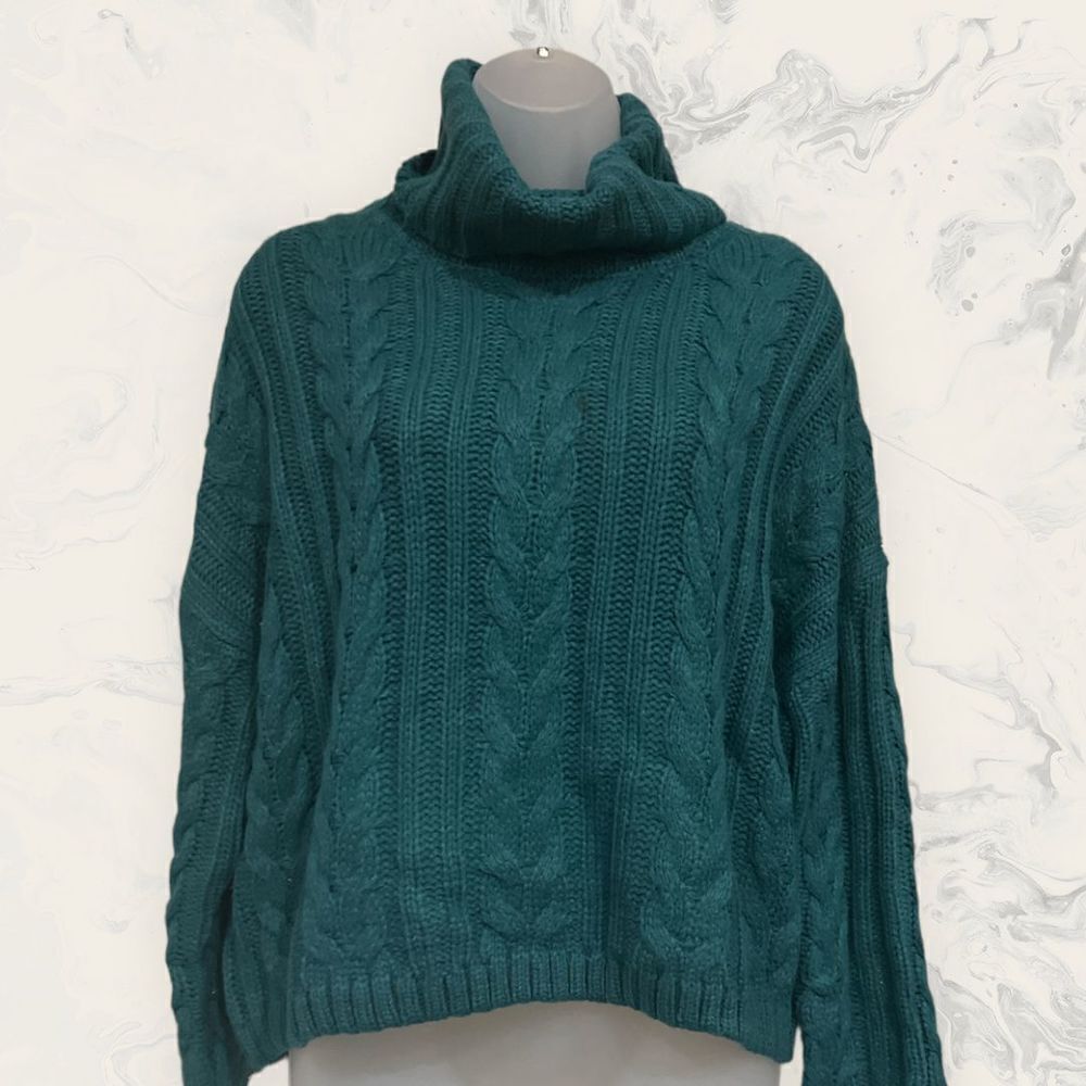 New Olive & Oak Cropped Turtle Neck Ribbed Sweater - size XL- Emerald Green